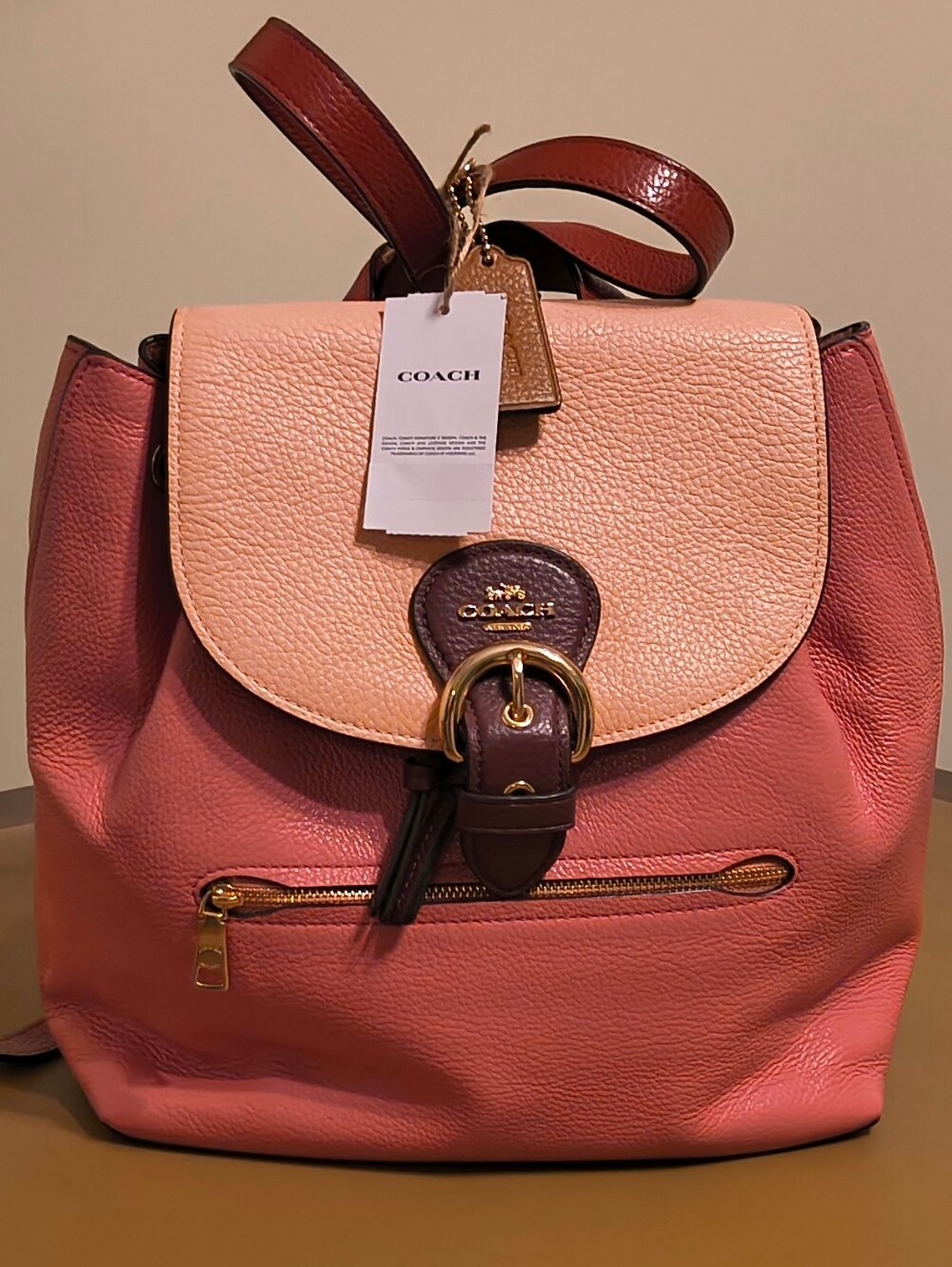 NWT Coach Colorblock Pebbled Leather Drawstring Backpack in Pink, Blush & Brown